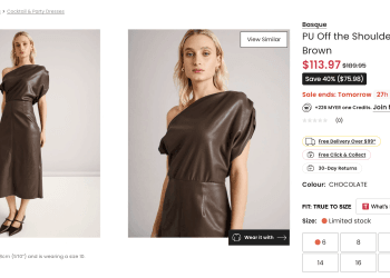 Myer: Basque PU Off the Shoulder Dress in Brown – 40% Off, $113.97